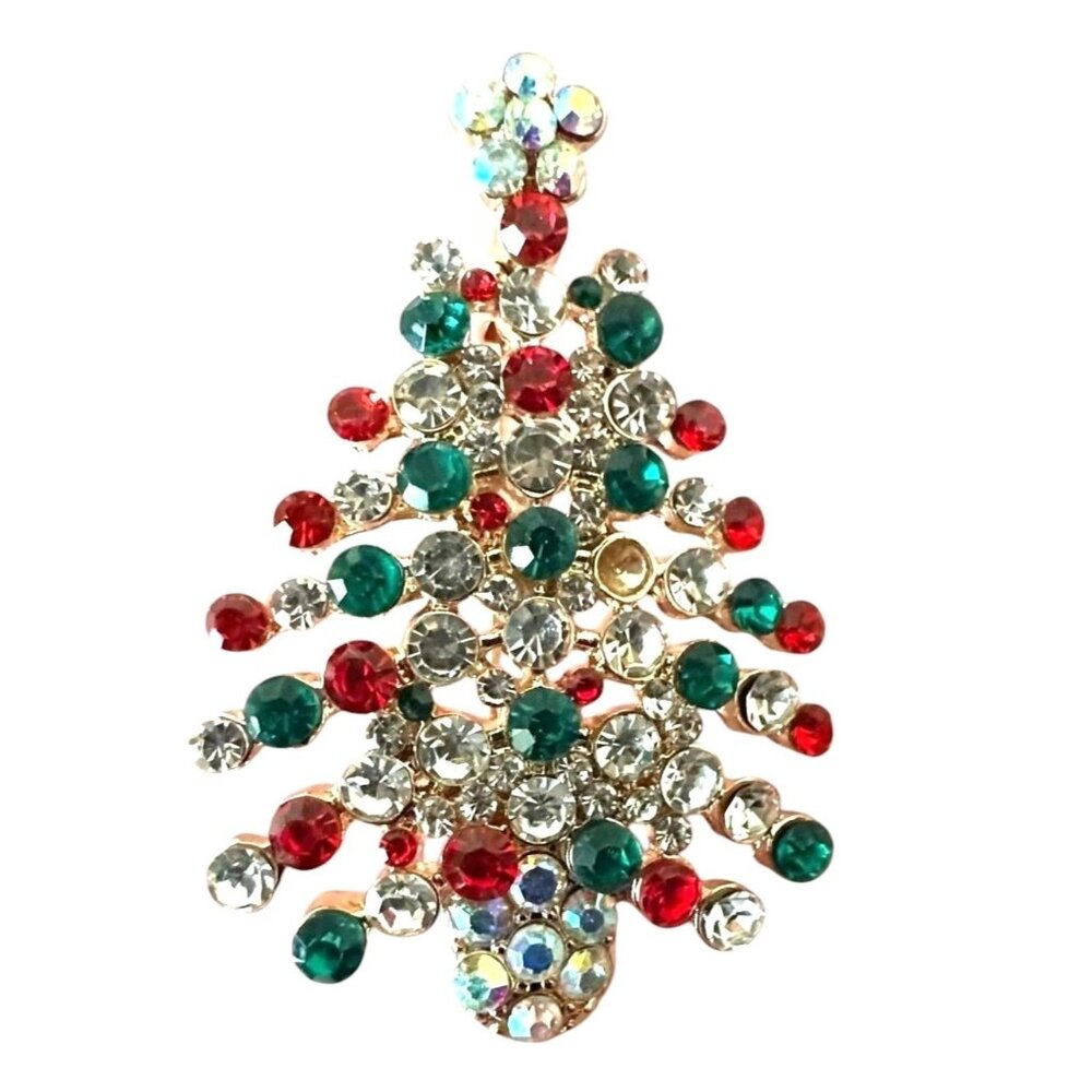 Rhinestone Christmas Tree  Brooch Pin New Aurora Borealis Red Green Flow…